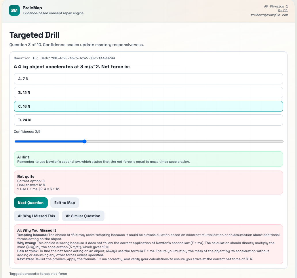 Question interface showing AI hint and detailed explanation of why you missed a question