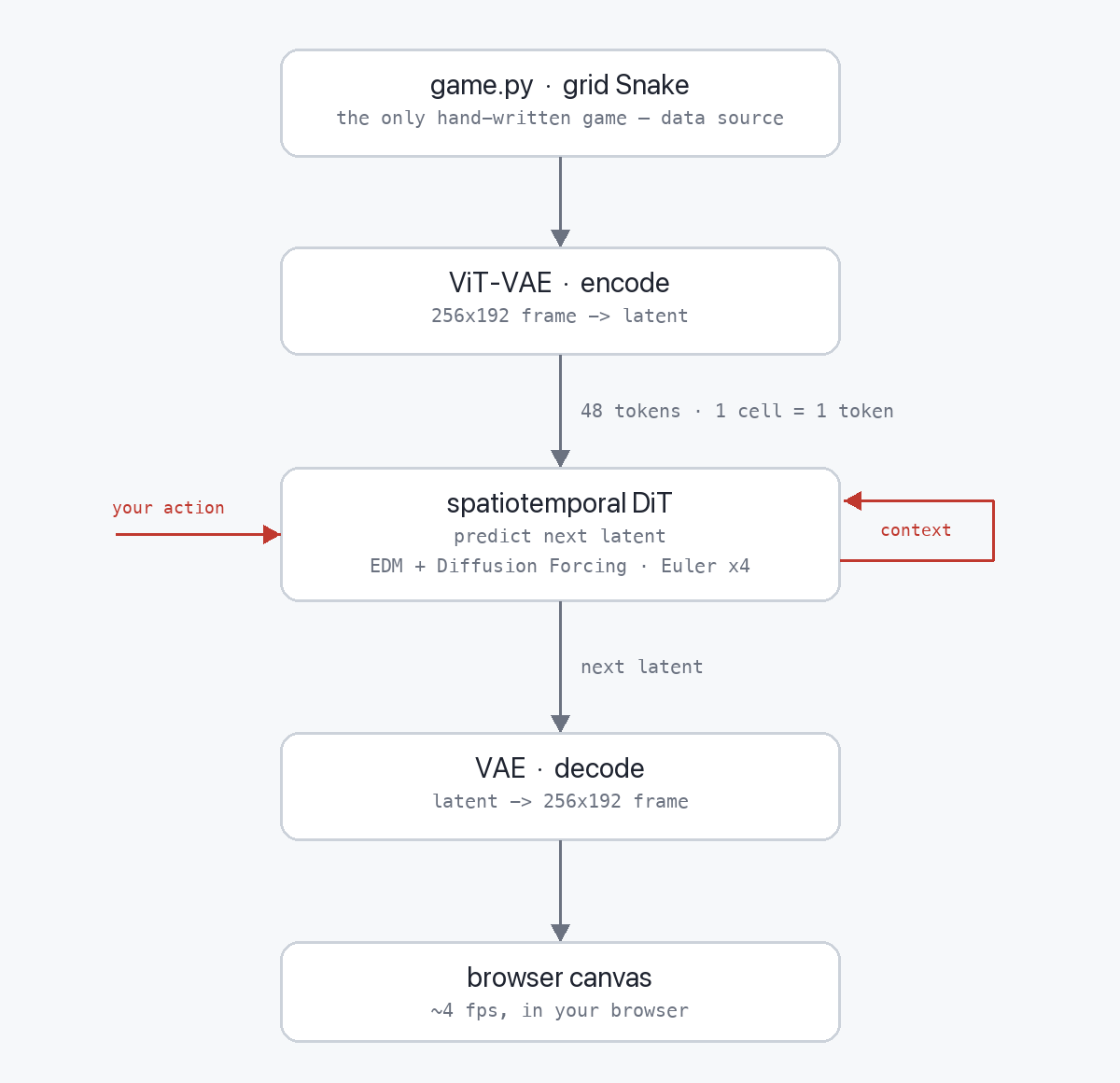 game.py feeds a VAE encoder; the DiT predicts the next latent from your action; the VAE decodes it to a frame; the latent loops back as context
